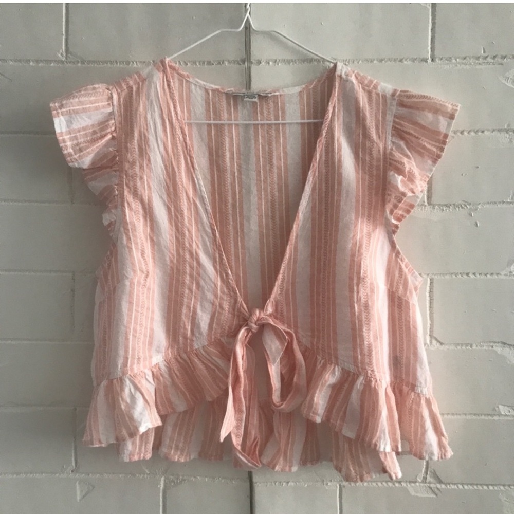 American eagle peach coral white striped tie front crop top ruffled short sleeve